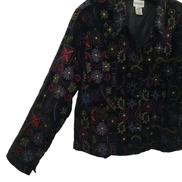 Chicos Black Velvet Embroidered Jacket Blazer 1 US M Boho Artsy Career Studded - Picture 11 of 16